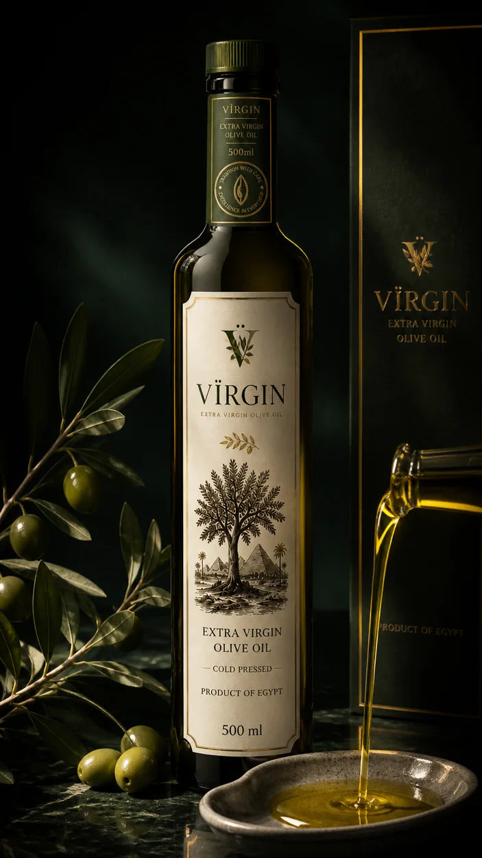 VIRGIN olive oil dark glass bottle editorial close-up