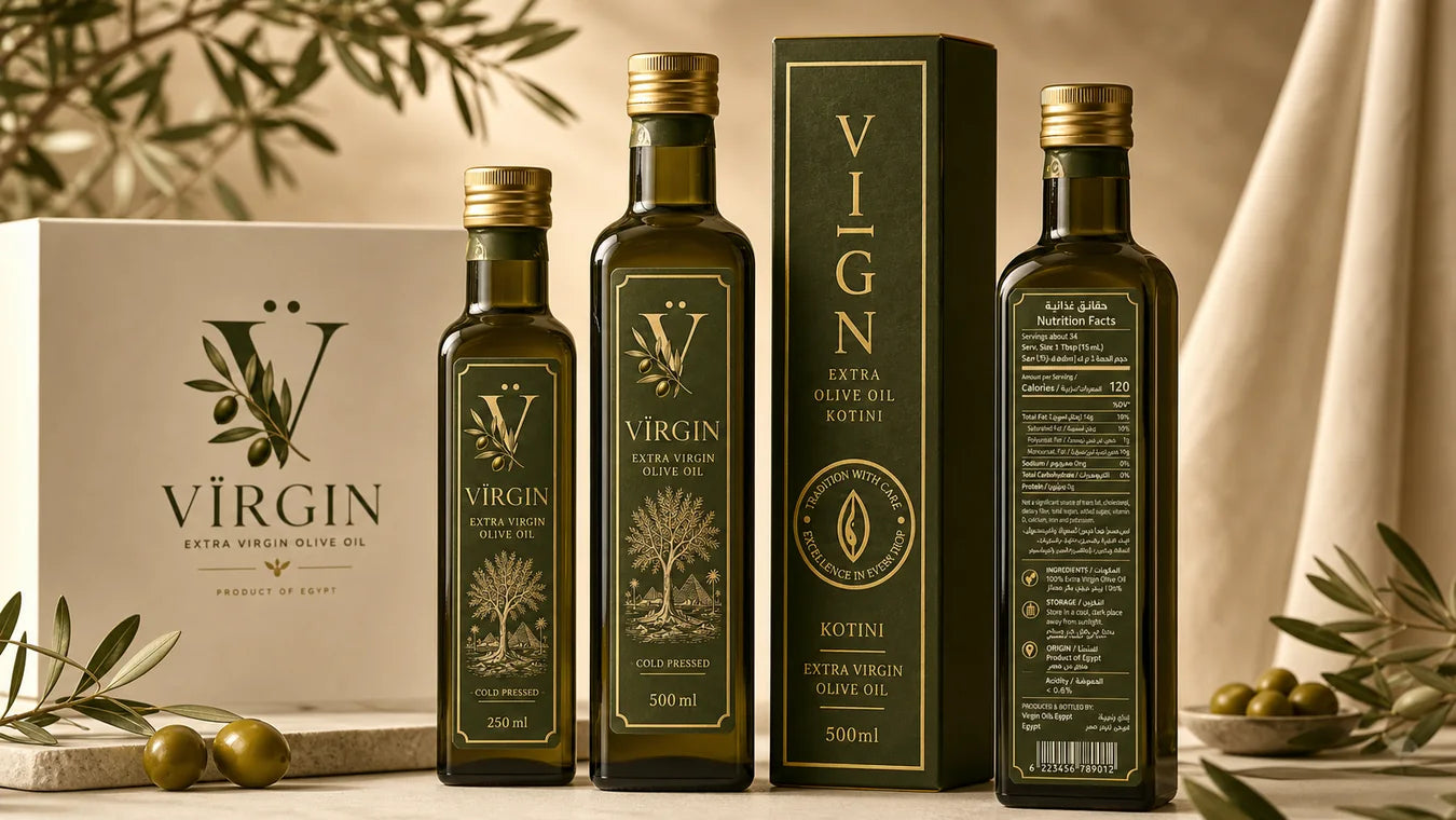 VIRGIN olive oil collection styled in a premium kitchen
