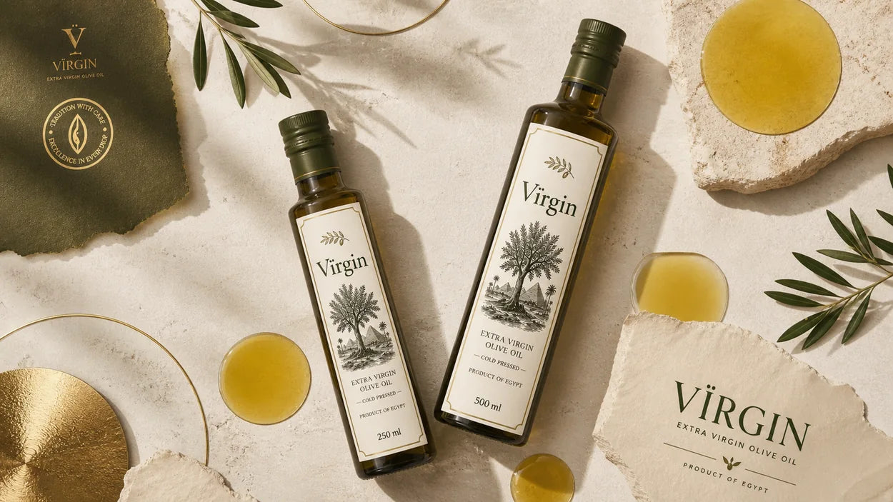 VIRGIN olive oil styled with Mediterranean food and olive branches