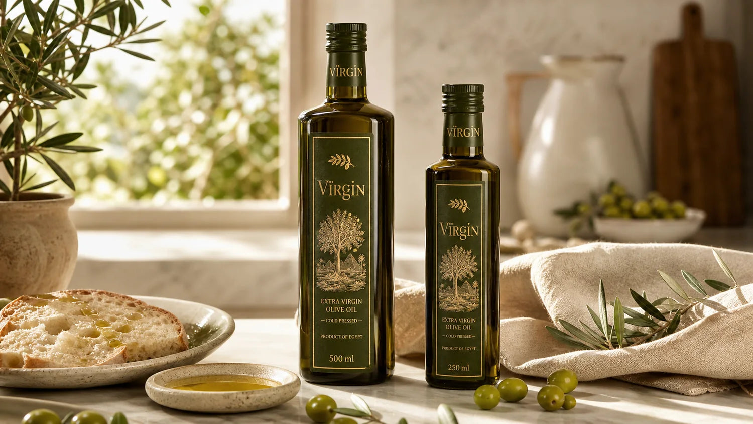 VIRGIN extra virgin olive oil in a sunlit Mediterranean kitchen